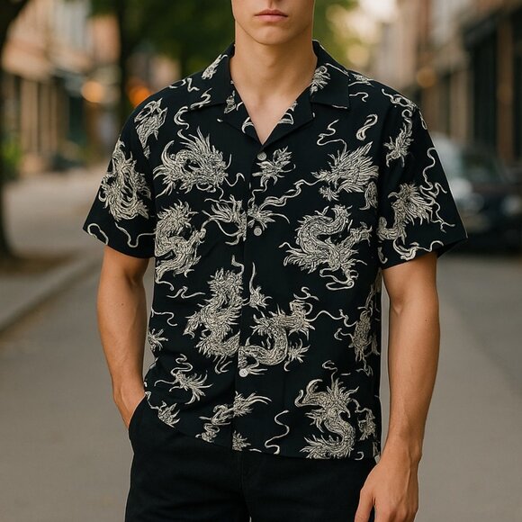 Vintage Tori Richard Mens Dragon Print Hawaiian Shirt - Made in Hawaii - Size L - Picture 2 of 7